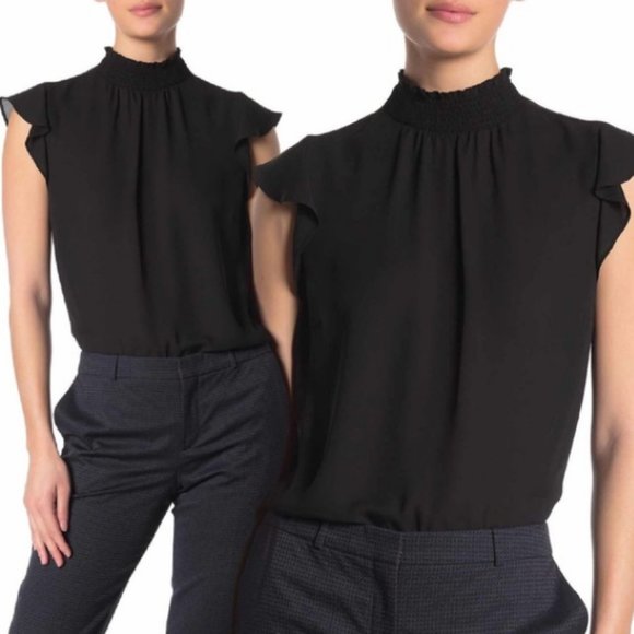 Vince Camuto Tops - Vince Camuto Black Ruffled Cap Sleeves Mock Shirred Neck SZ S